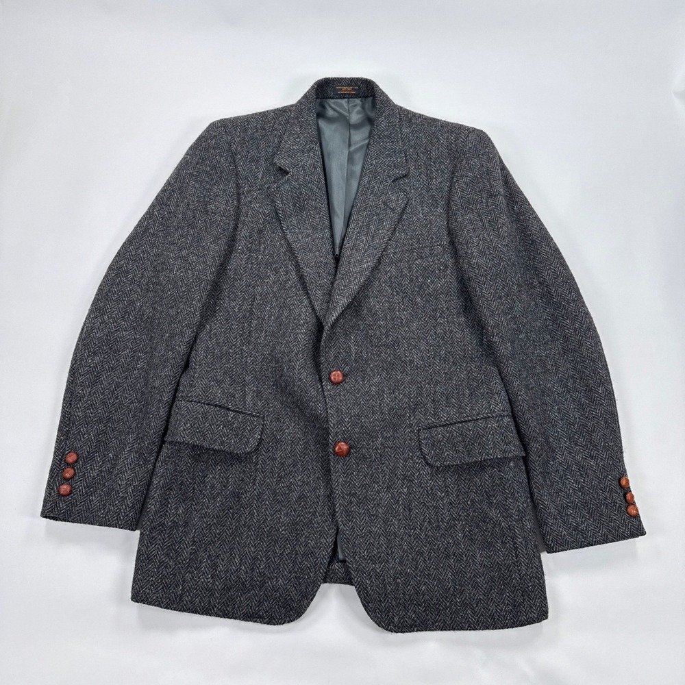 Harris Tweed Mens Blazer 42R Grey Herringbone Wool Sport Coat Academia Heritage